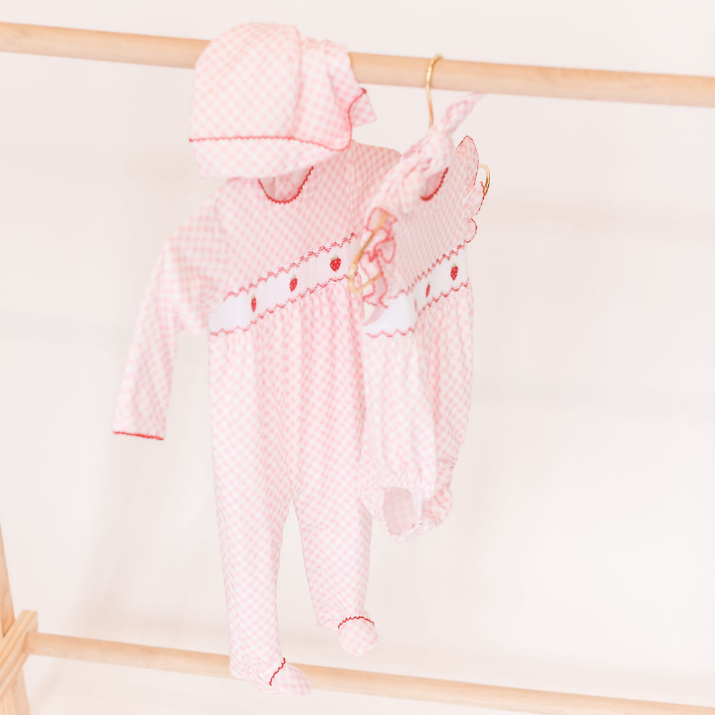 Pink Gingham Strawberry Smocked Footie