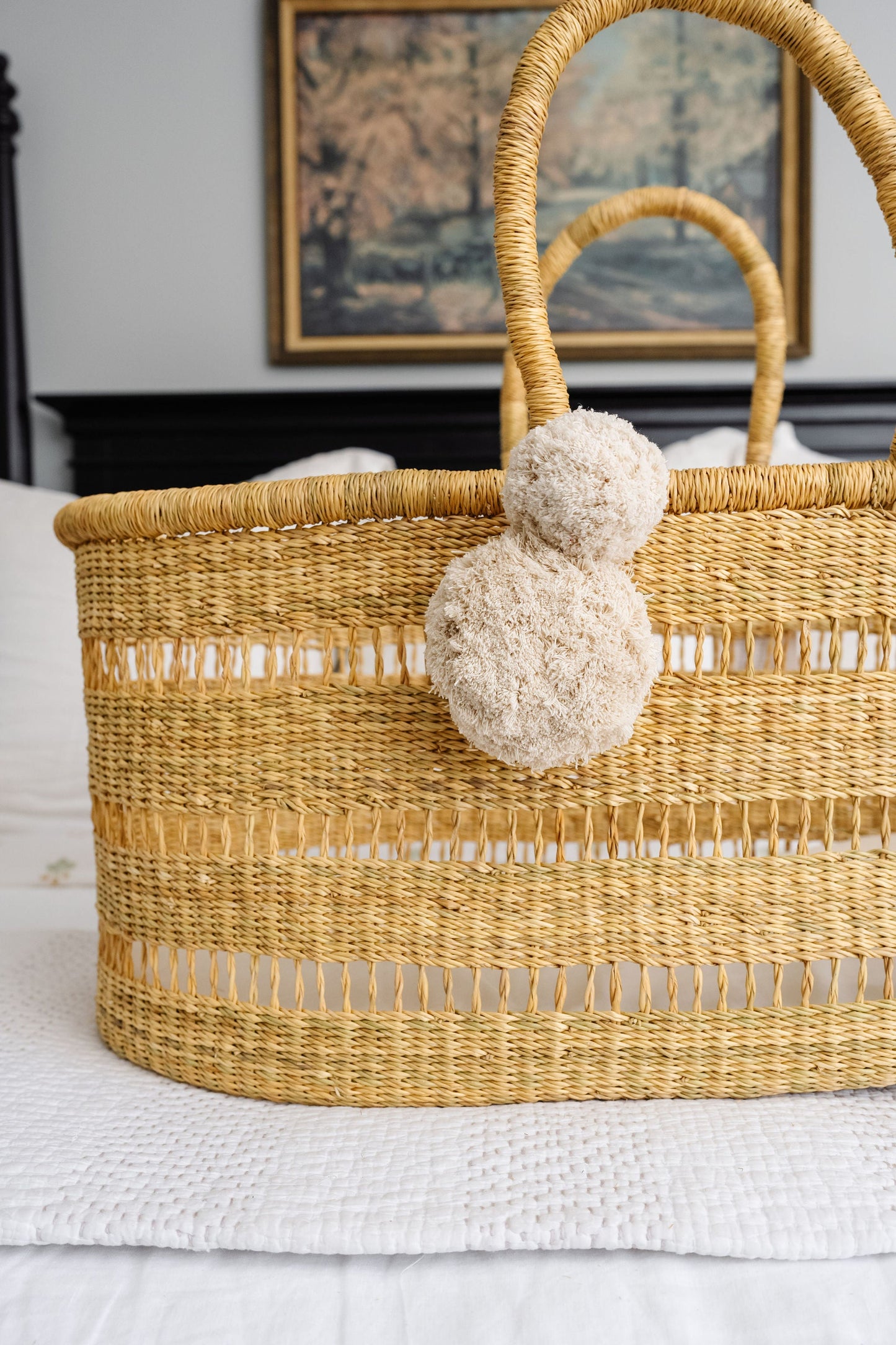 Modern Open Weave African Moses Basket, No Hood, Vegan Handle