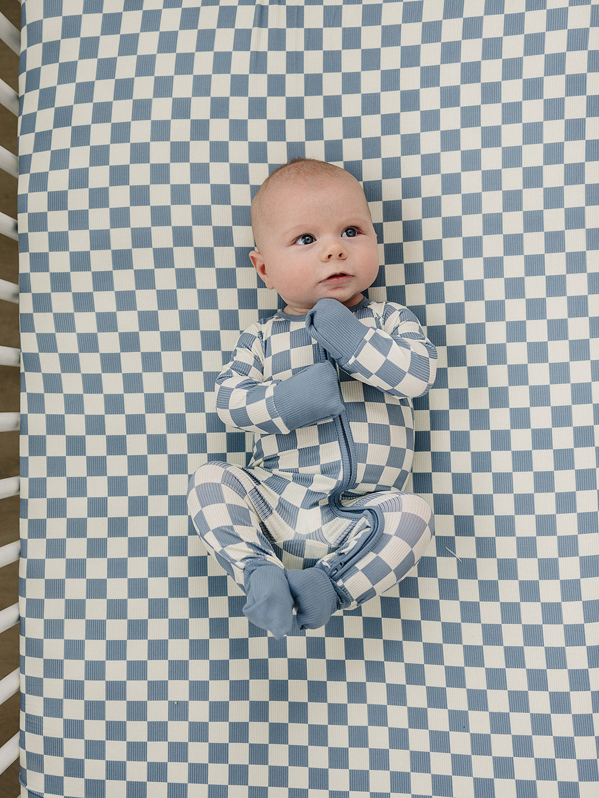 Blue Checkered Ribbed Bamboo Stretch Crib Sheet