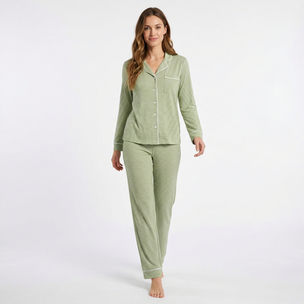Evergreen Stripe Long Sleeve & Pants Bamboo Women's Pajama Set