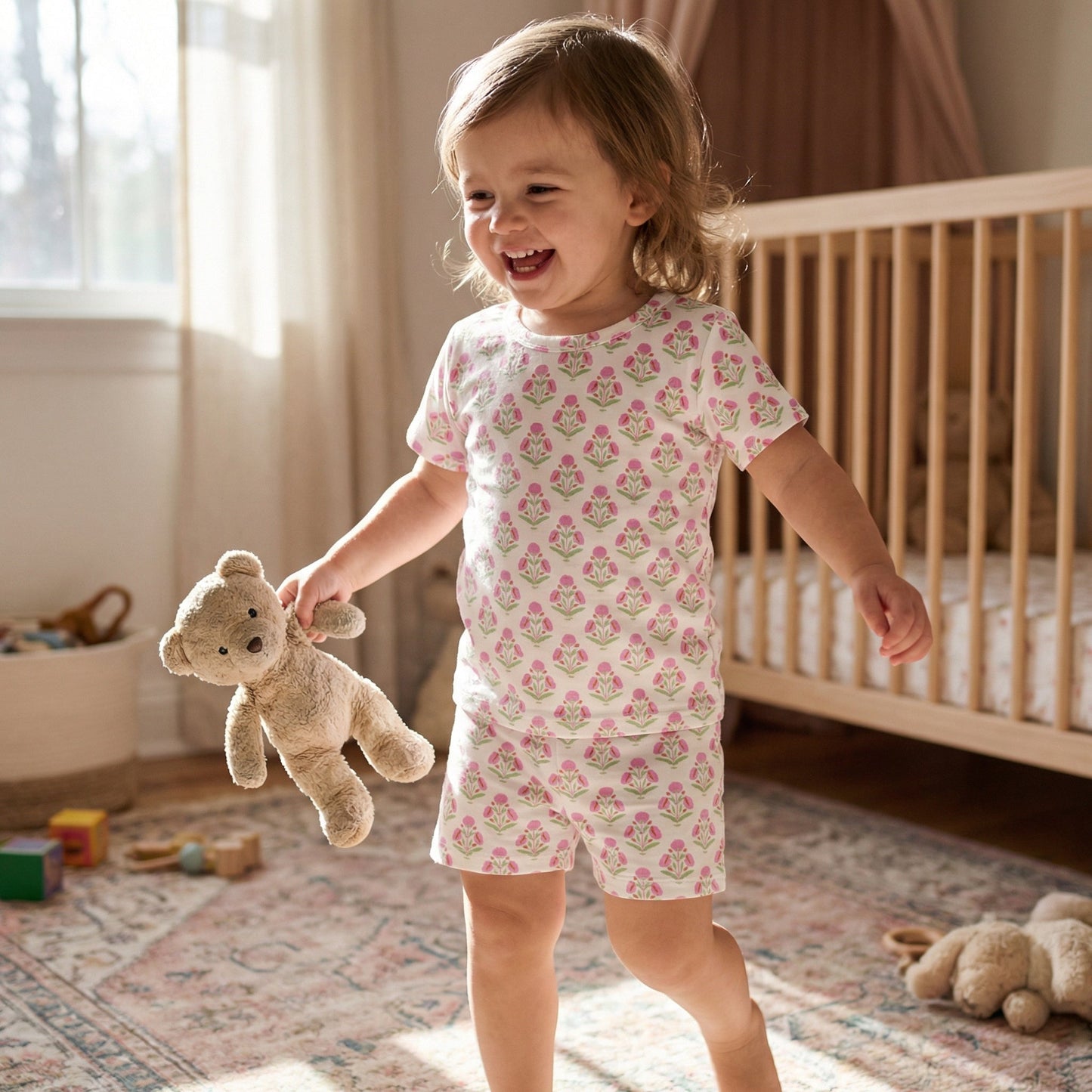 Pink Posy Short Sleeve & Shorts Bamboo Toddler Pajama Set