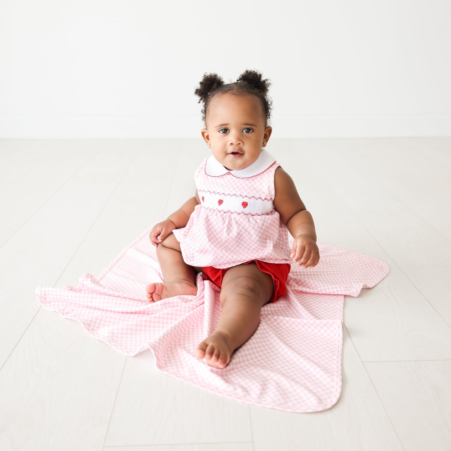 Pink Gingham Strawberry Smocked Bloomer Set