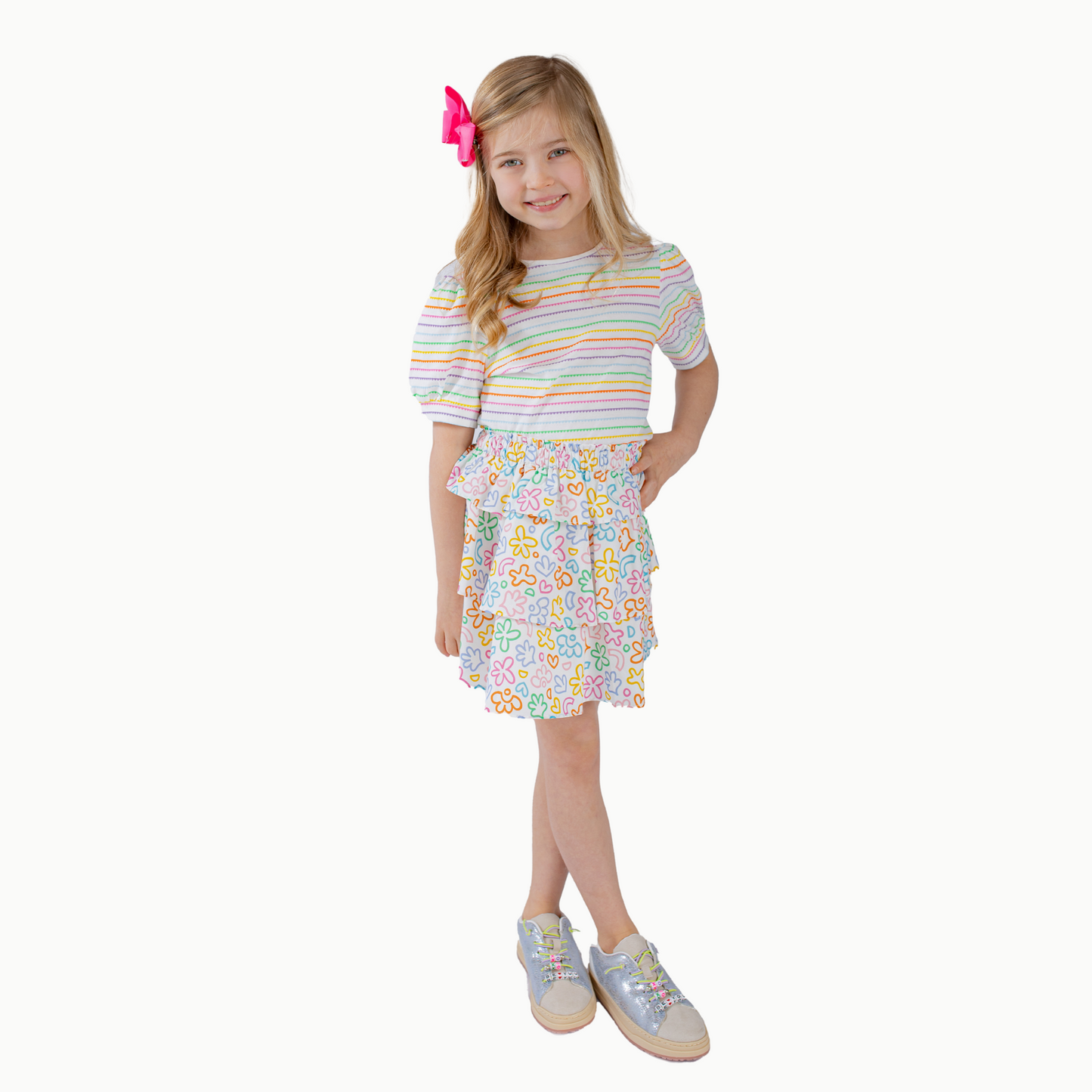 Puff Sleeve Tee in Rainbow Heart Stripe