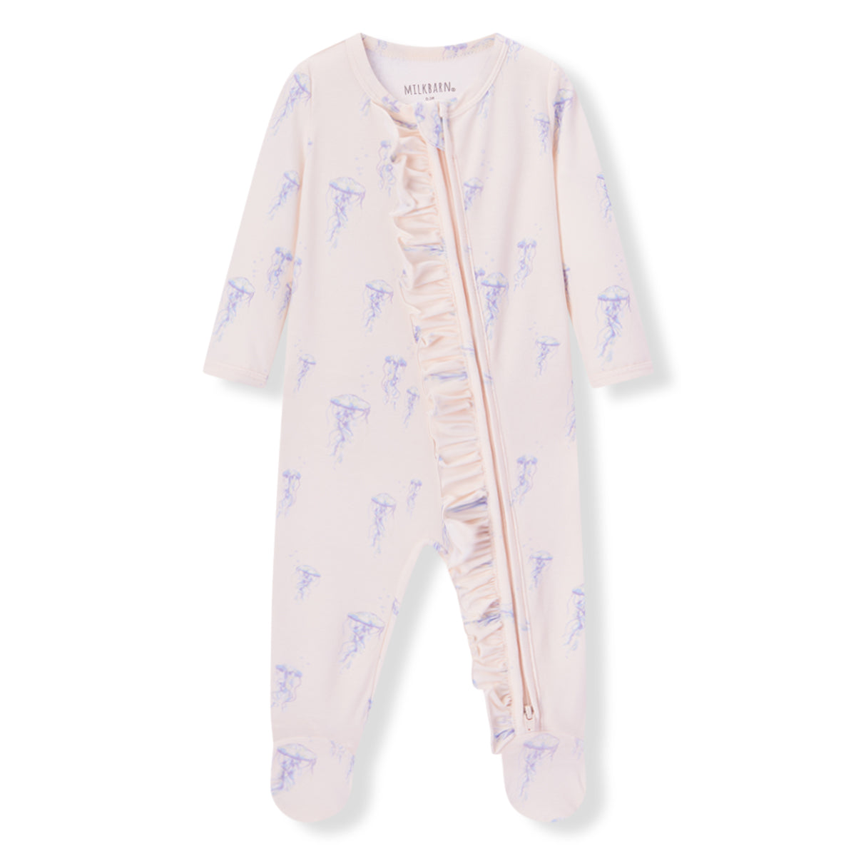 Sunset Jellyfish Cotton Stretch Ruffle Footed Romper