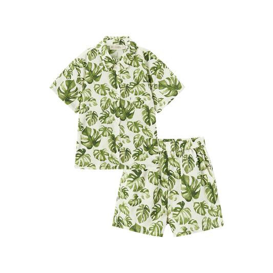 Island Leaf Collar Button-Up Shirt & Shorts Set