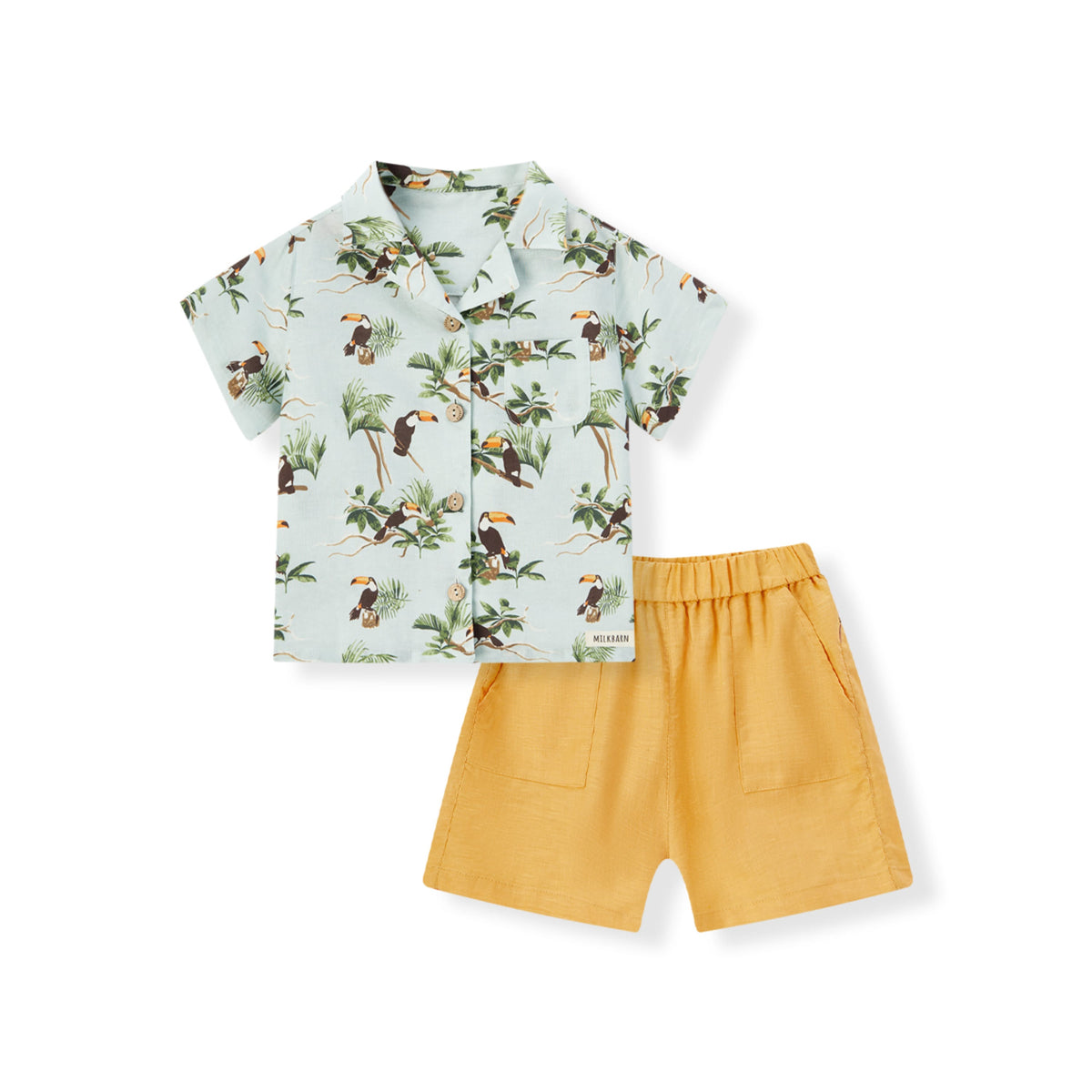 Blue Sky Toucan Linen Button-Up Shirt & Shorts Set