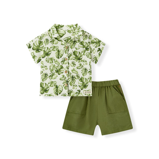 Island Leaf Linen Button-Up Shirt & Shorts Set