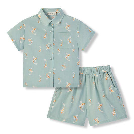 Swimming Koi Collar Button-Up Shirt & Shorts Set
