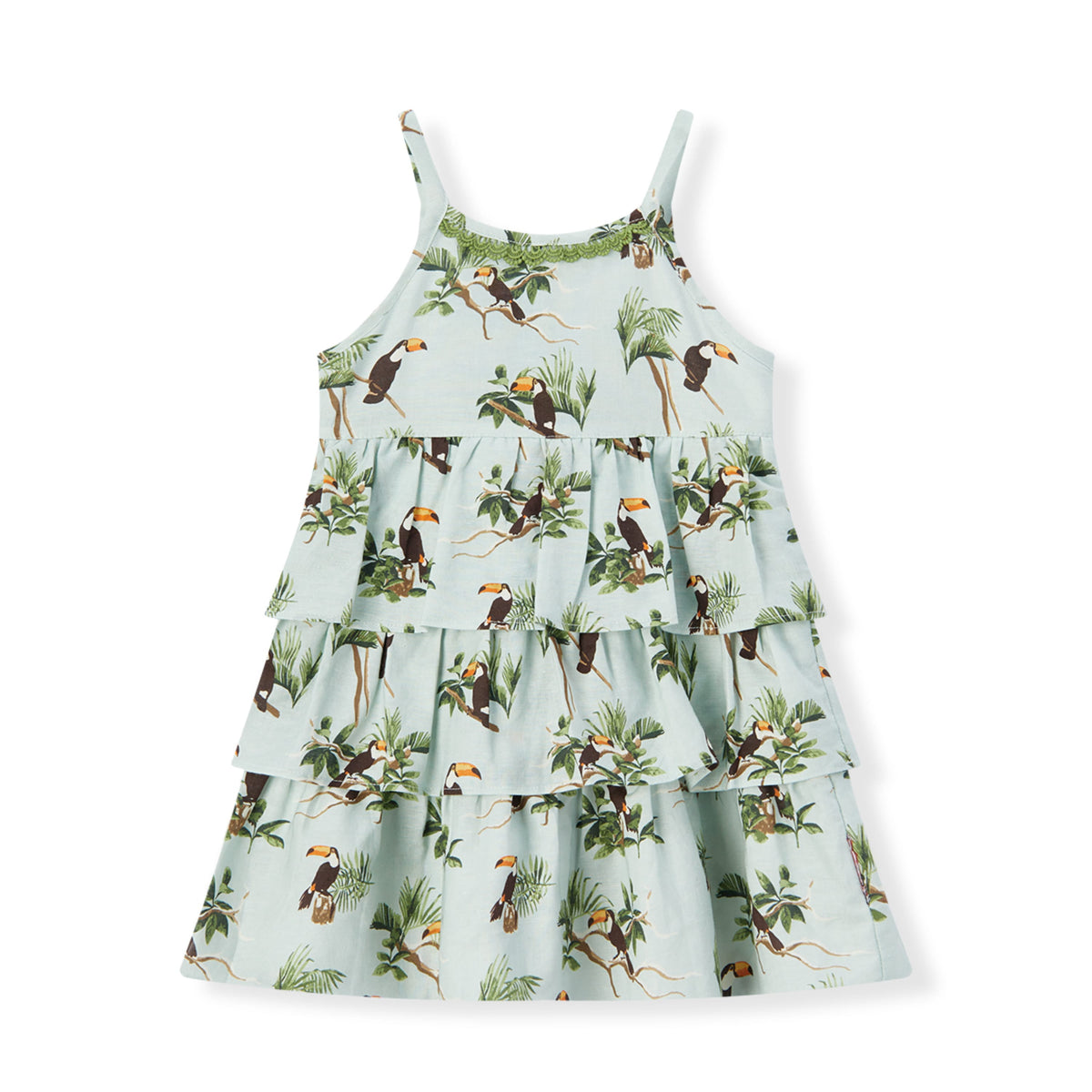 Blue Sky Toucan Linen Tiered Dress