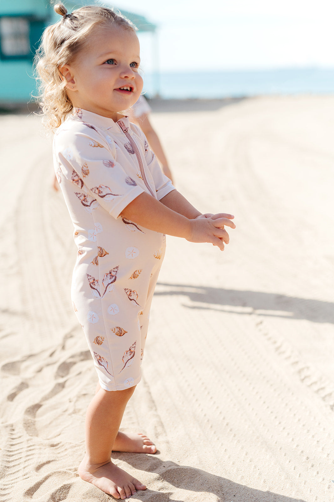Seashells Zipper Short Sleeve Shortall Swimsuit