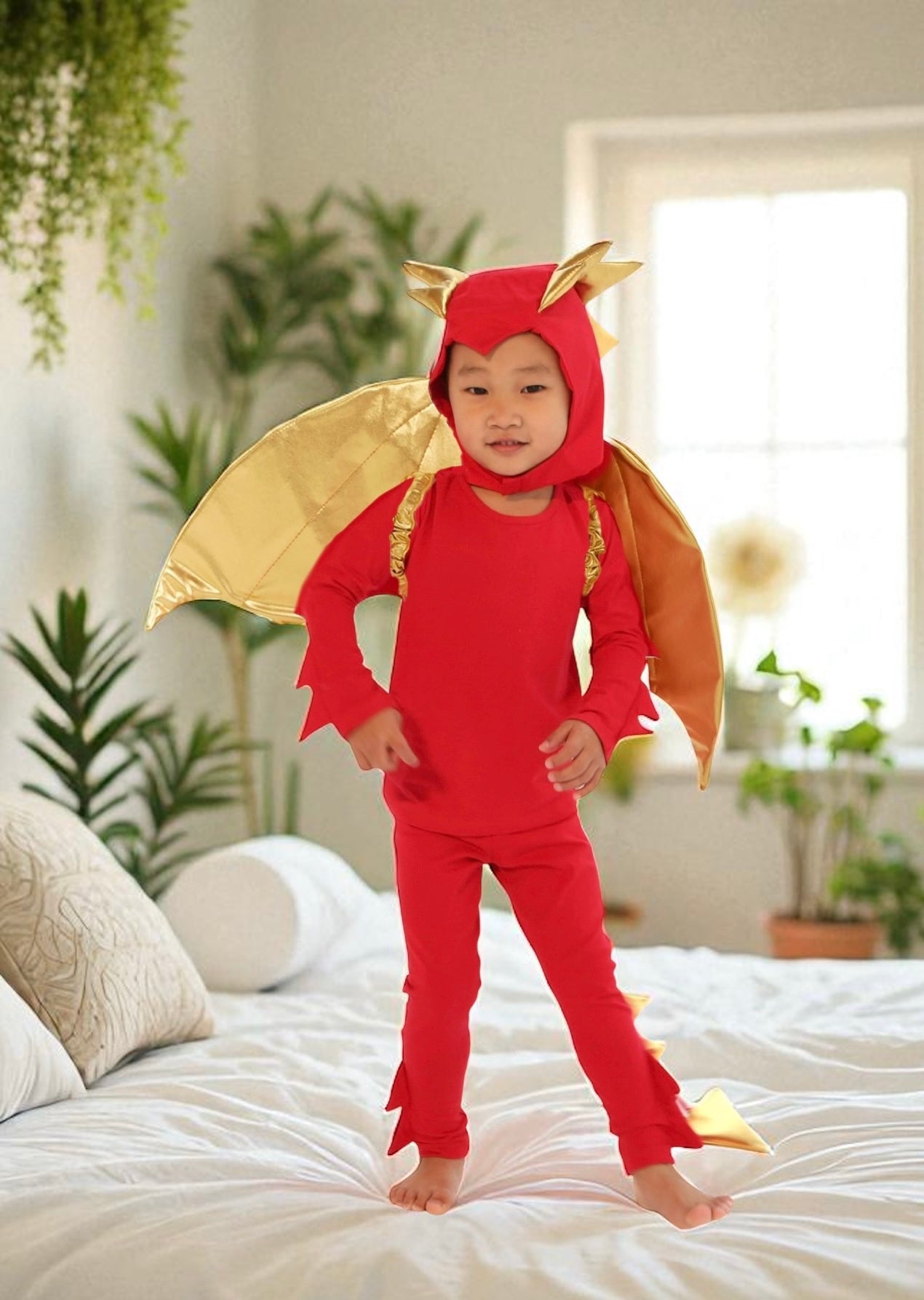 Sunfire Red Dragon with Gold Wings Costume for Kids – Handmade Fantasy Halloween Costume