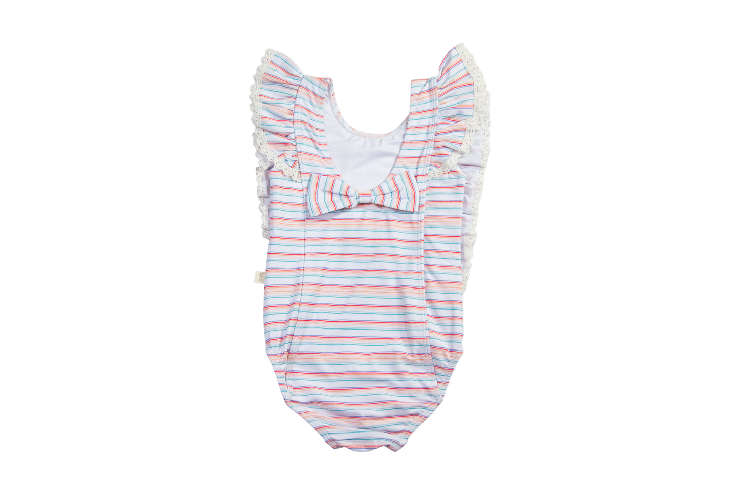 Rosie Ruffle Swimsuit- Retro Rainbow Stripe