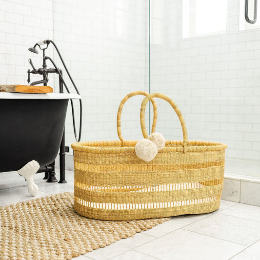 Modern Open Weave African Moses Basket, No Hood,  Vegan Handle
