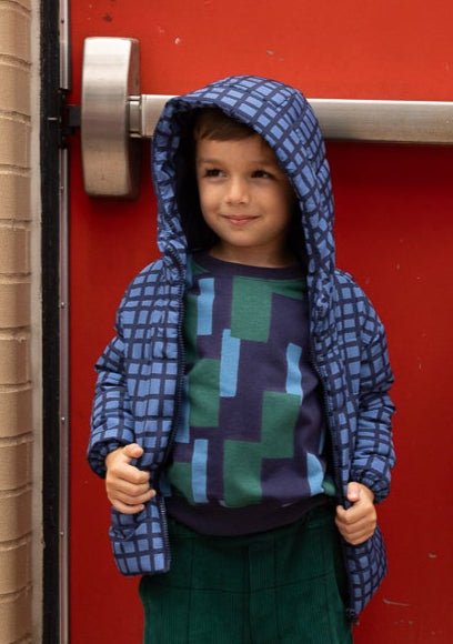 Recycled Nylon Blue Grid  Puffer