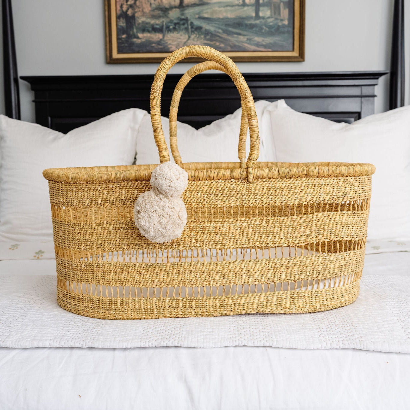 Modern Open Weave African Moses Basket, No Hood,  Vegan Handle