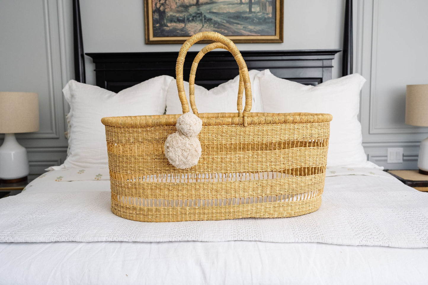 Modern Open Weave African Moses Basket, No Hood,  Vegan Handle