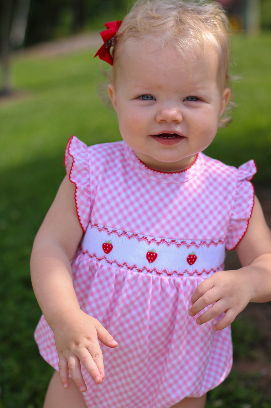 Pink Gingham Strawberry Smocked Bubble