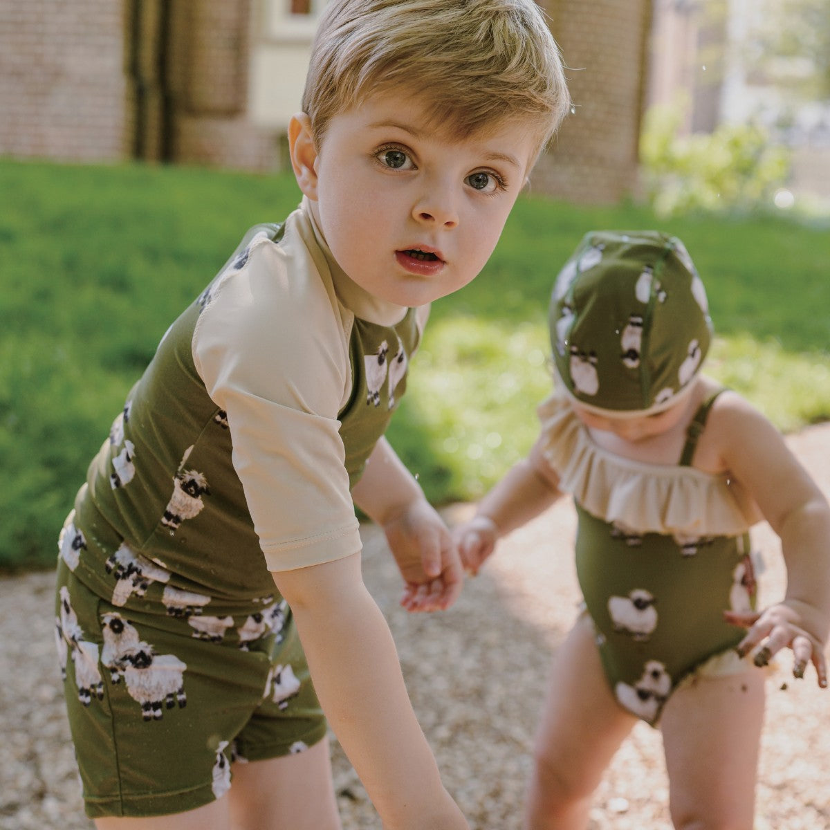 Valais Sheep Zipper Short Sleeve Top & Swim Trunks Set