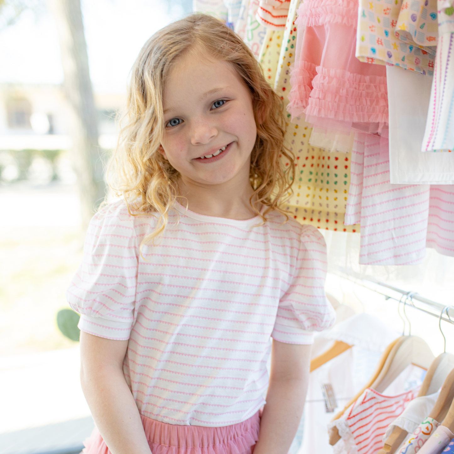 Puff Sleeve Tee in Pink Heart Stripe