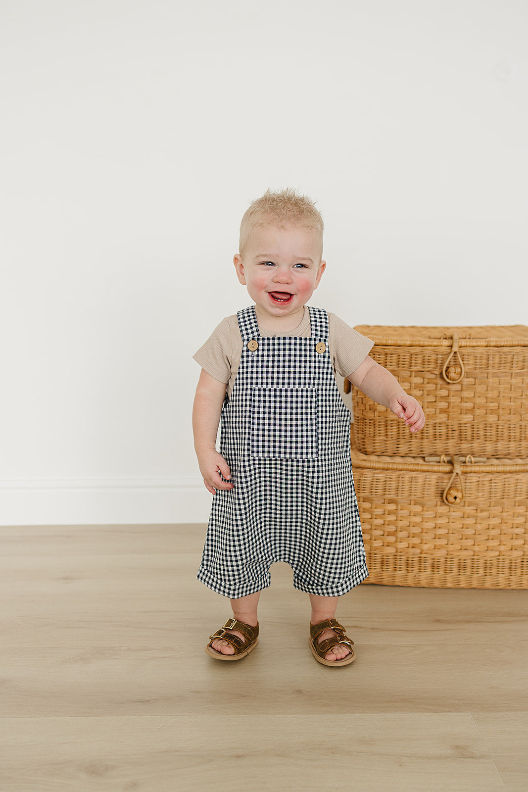 Gingham Short Linen Overalls