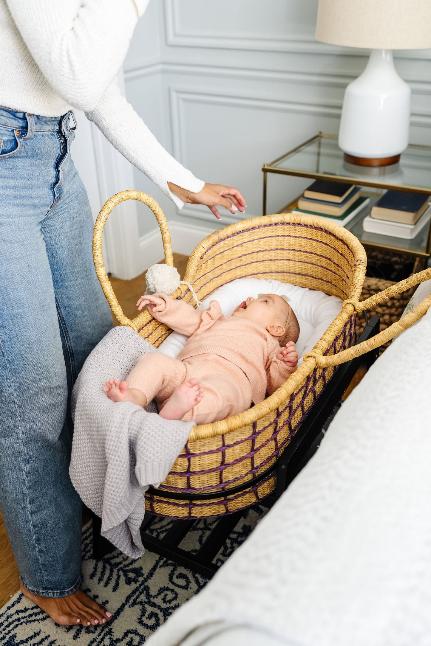 Lavender Grid African Moses Basket, Vegan Handle