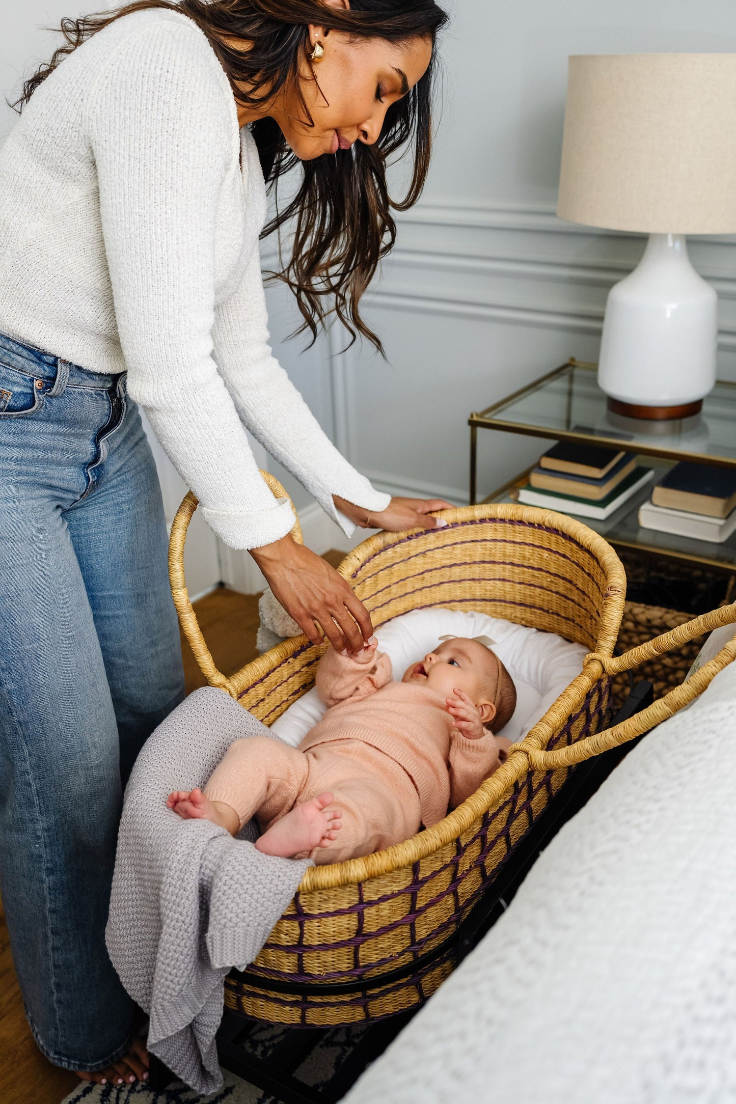 Lavender Grid African Moses Basket, Vegan Handle