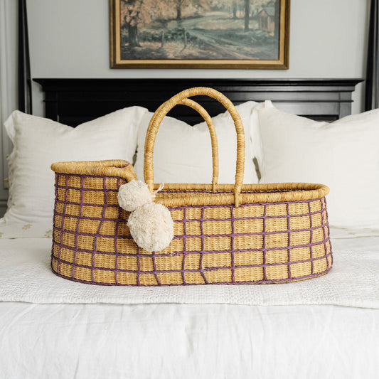 Lavender Grid African Moses Basket, Vegan Handle