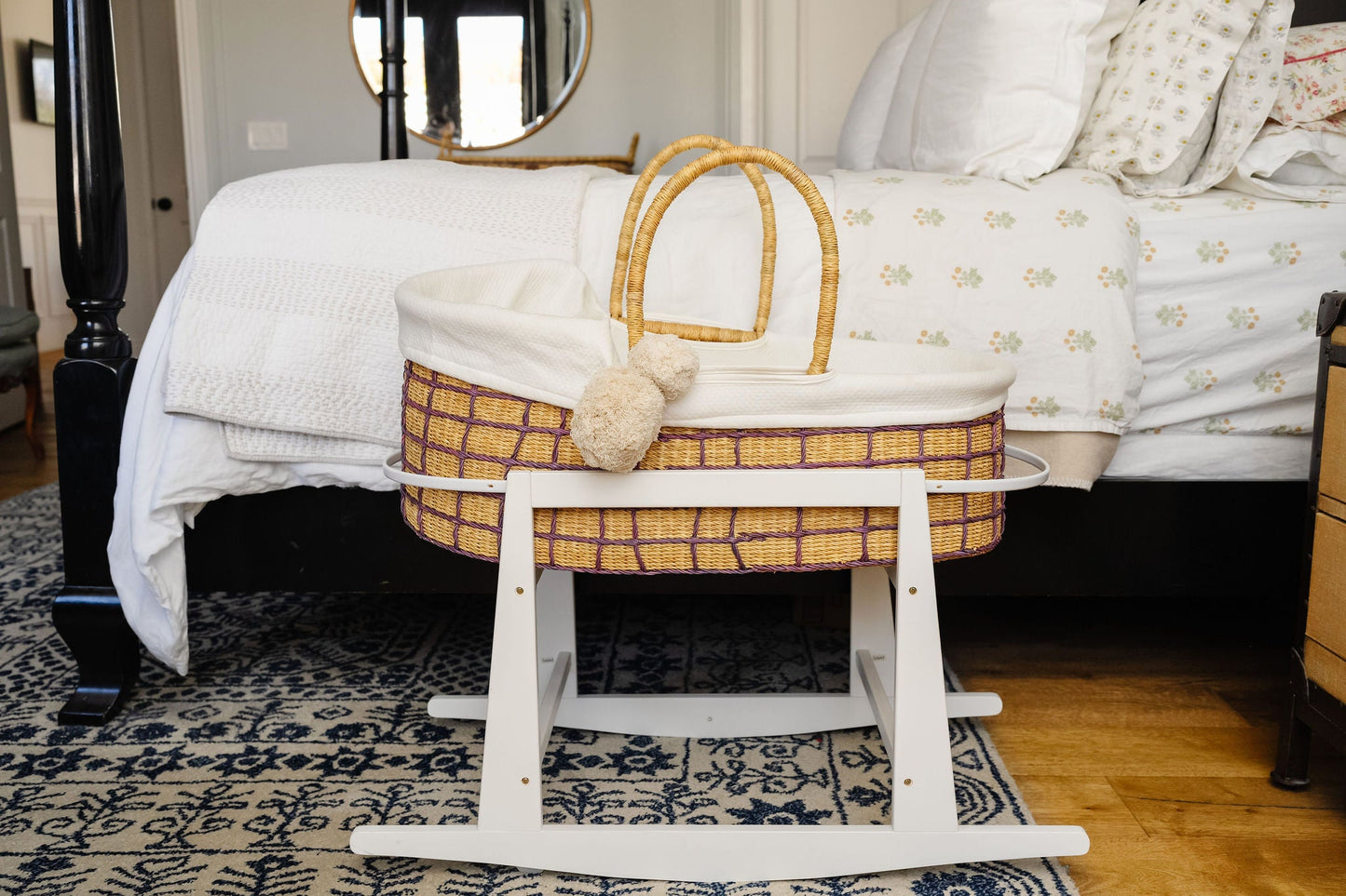 Lavender Grid African Moses Basket, Vegan Handle