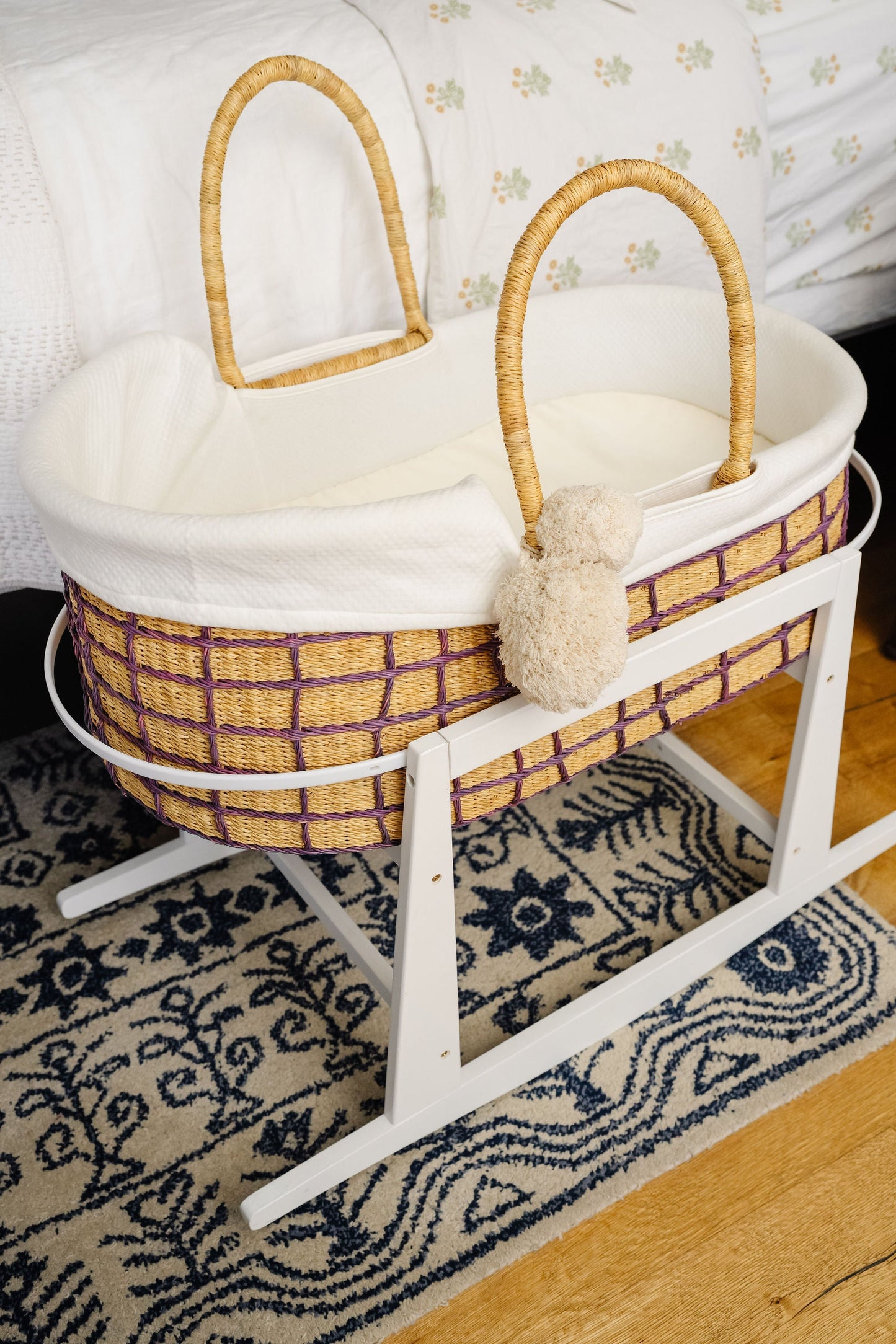 Lavender Grid African Moses Basket, Vegan Handle