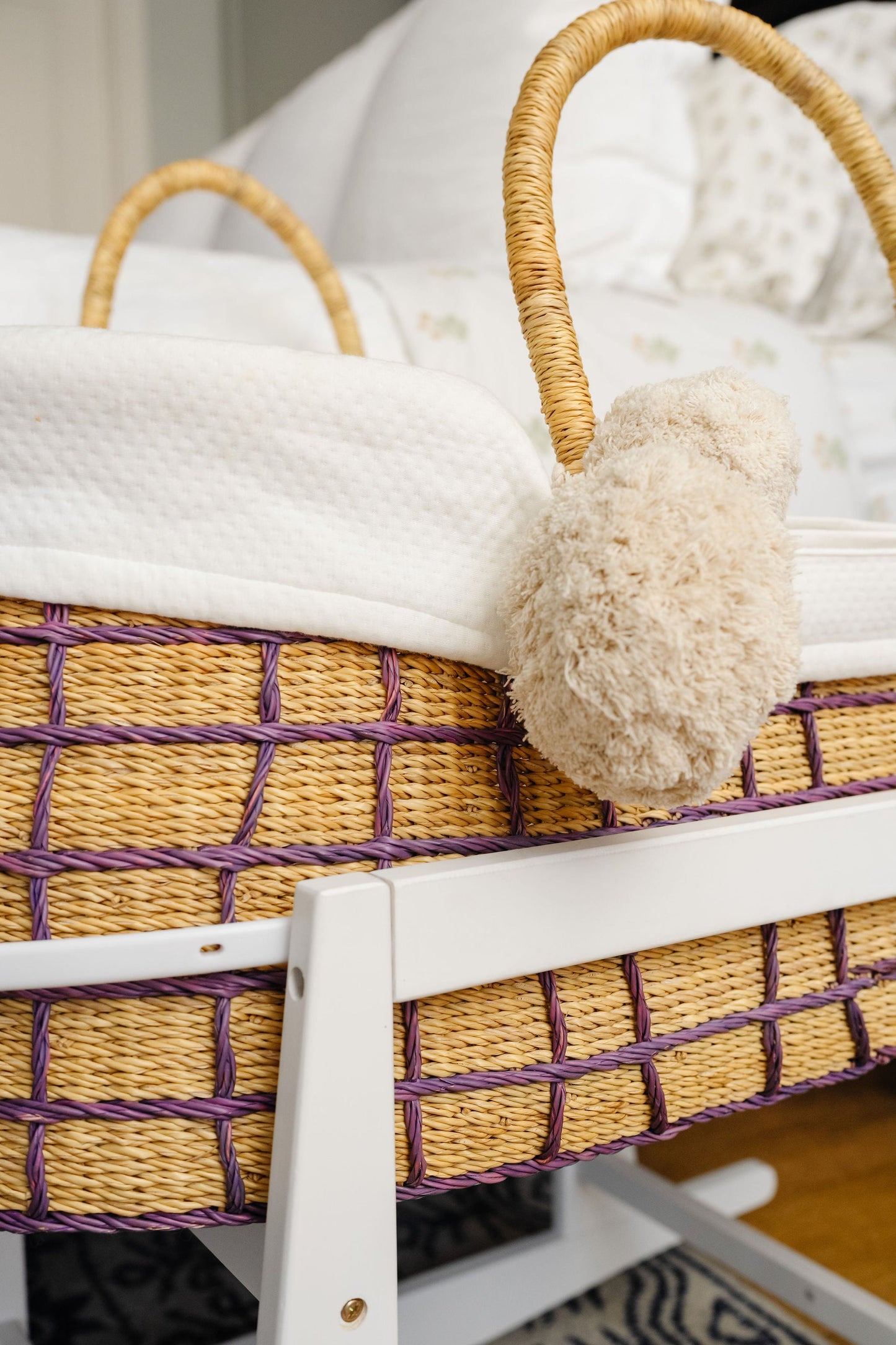 Lavender Grid African Moses Basket, Vegan Handle