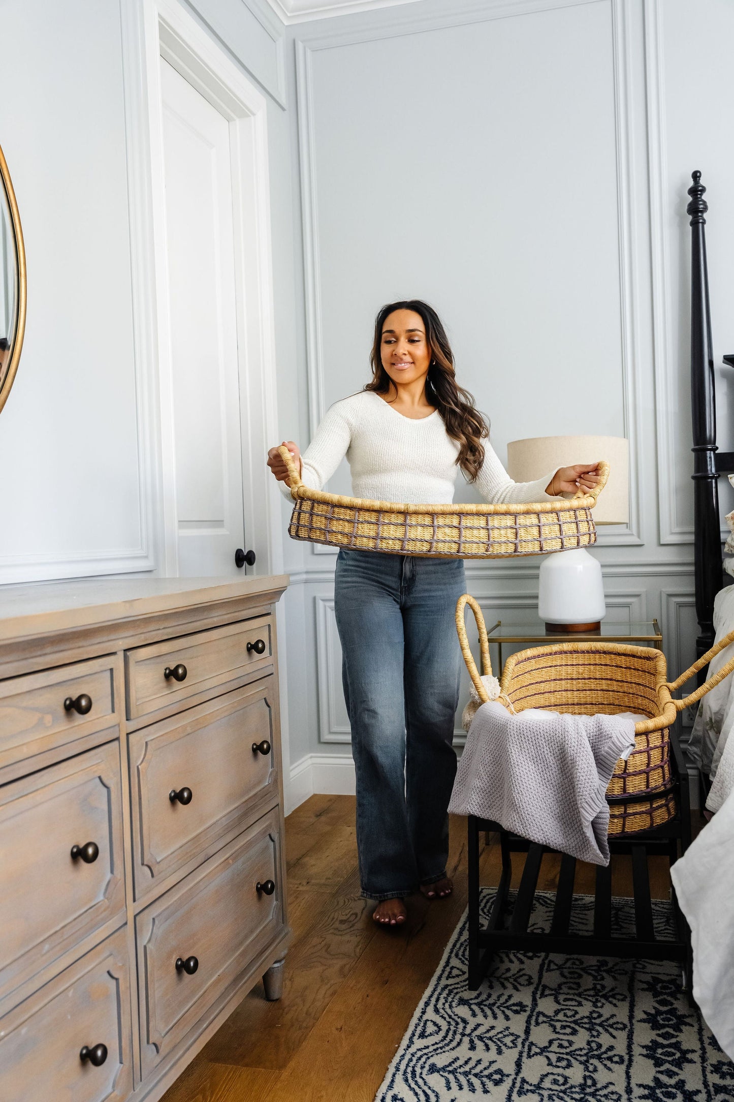 Lavender Grid African Moses Basket, Vegan Handle