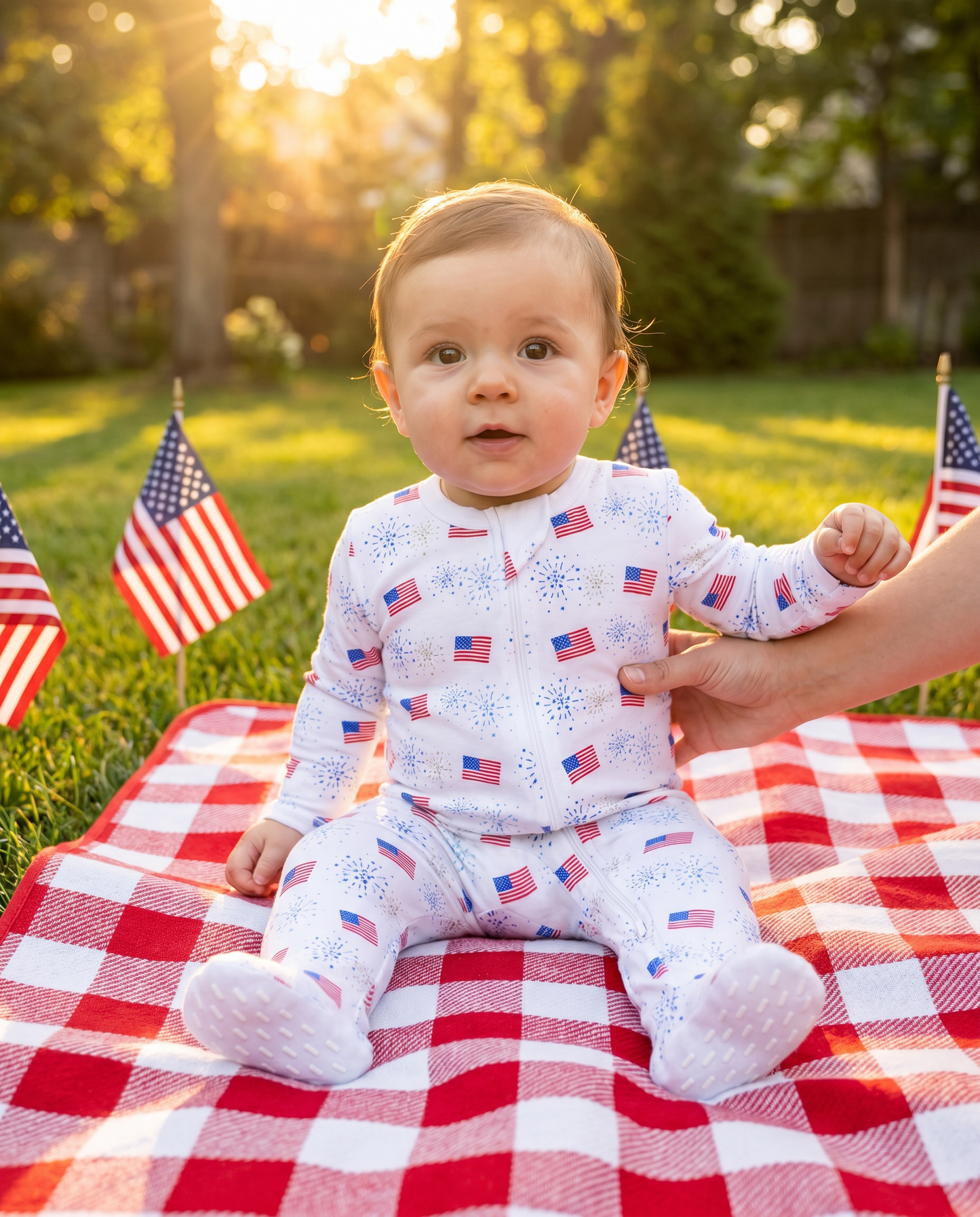 The Organic Zipper Footie [Flags and Fireworks]