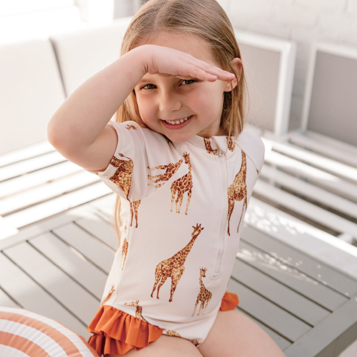 Giraffe Short Sleeve Ruffled One-Piece Swimsuit