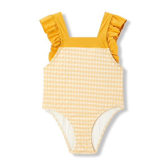 Yellow Gingham Ruffle Square Neck Swimsuit