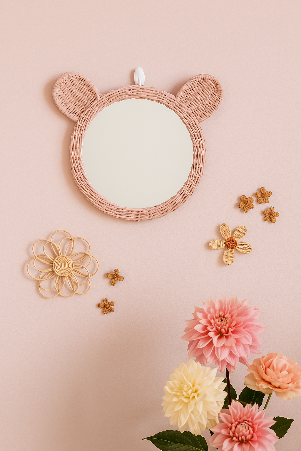 Kids Pink Rattan Teddy Bear Wall Mirror – Baby Girl Nursery & Kids Room Décor Gift